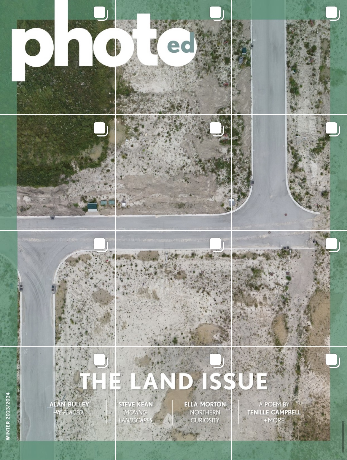 A decorative images of the cover of a magazine divided into 12 squares (posts) for instagram. The magainze name is PhotoEd, it is The LAND issue.